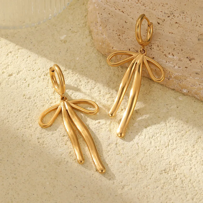Dangling Beautiful Bow Huggie Hoop Earrings 18K Gold Plated Hypoallergenic