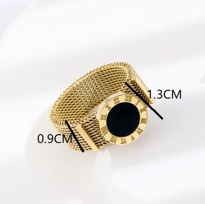 Black Gold Roman Numeral Mesh Ring 18K Gold Plated Stainless Steel