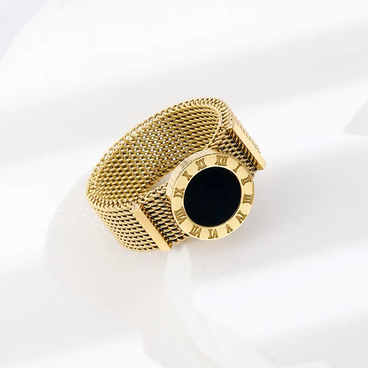 Black Gold Roman Numeral Mesh Ring 18K Gold Plated Stainless Steel