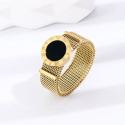 Black Gold Roman Numeral Mesh Ring 18K Gold Plated Stainless Steel