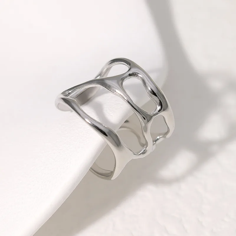 Silver Plated Abstract Layered Open Adjustable Ring Stainless Steel Waterproof