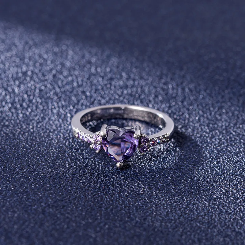 Silver Plated Purple Violet Heart Zircon Ring Stainless Steel Tarnish Free