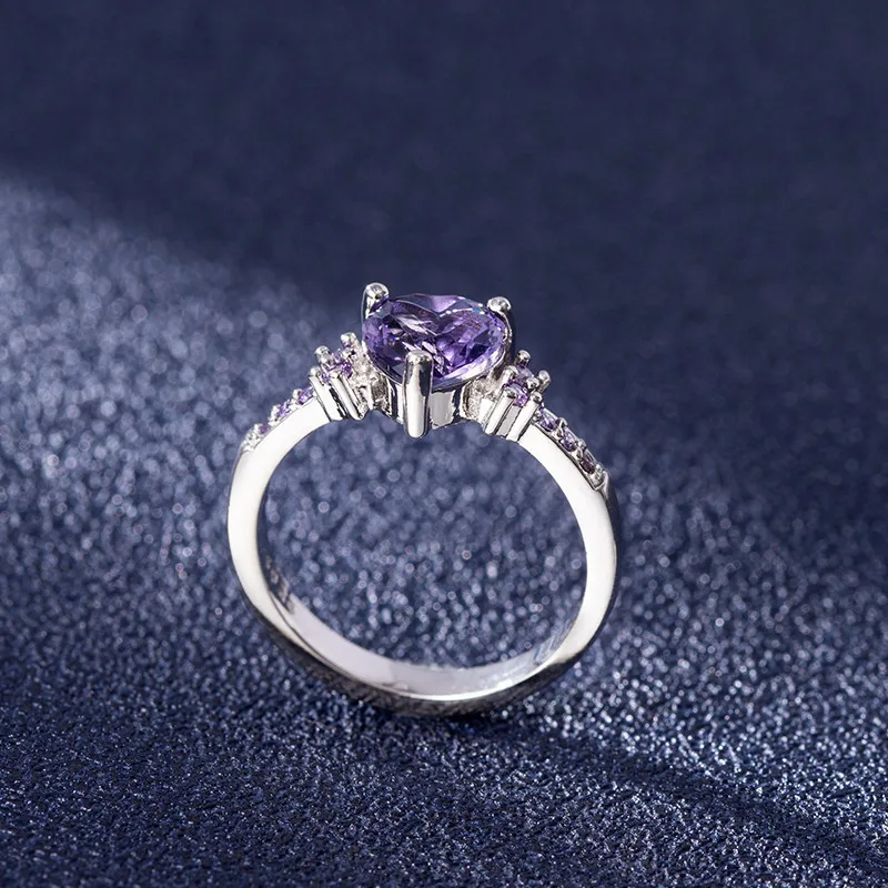 Silver Plated Purple Violet Heart Zircon Ring Stainless Steel Tarnish Free