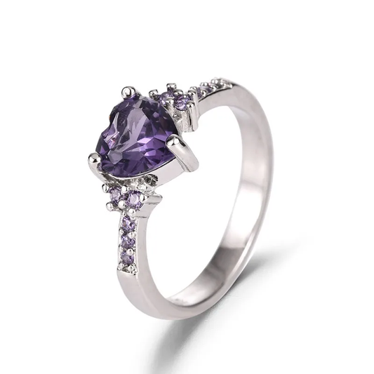 Silver Plated Purple Violet Heart Zircon Ring Stainless Steel Tarnish Free