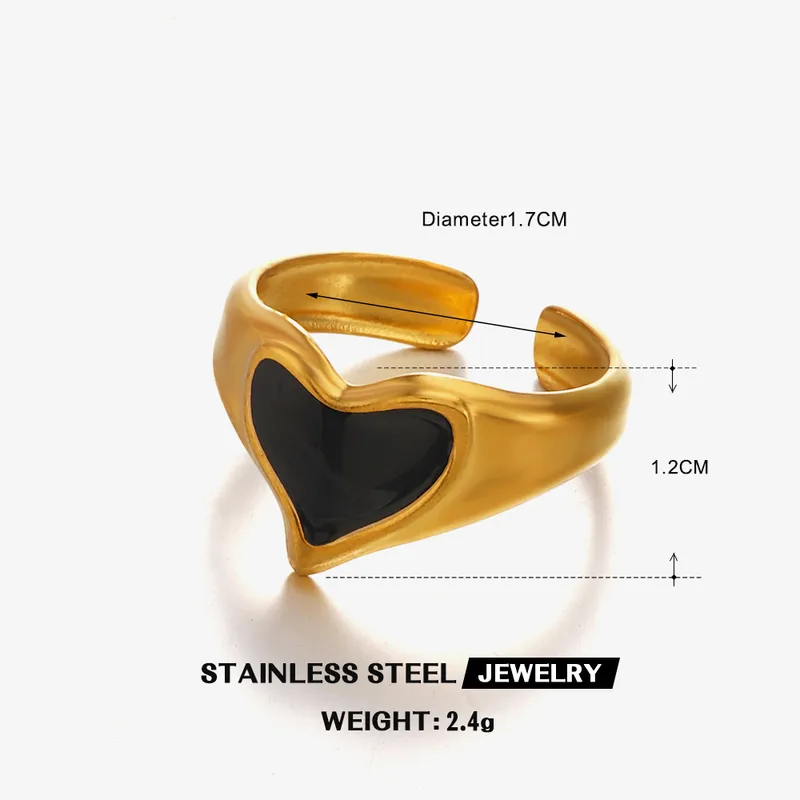 Adjustable Black Heart Open Ring 18K Gold Plated Stainless Steel