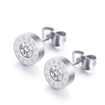 Silver Plated Roman Numeral Stud Earrings, Stainless Steel, Waterproof
