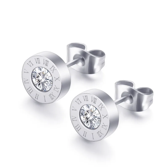 Silver Plated Roman Numeral Stud Earrings, Stainless Steel, Waterproof