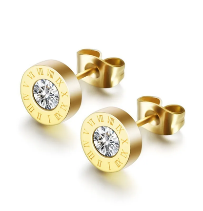 Roman Numeral Stud Earrings, 18K Gold Plated, Hypoallergenic, Stainless Steel