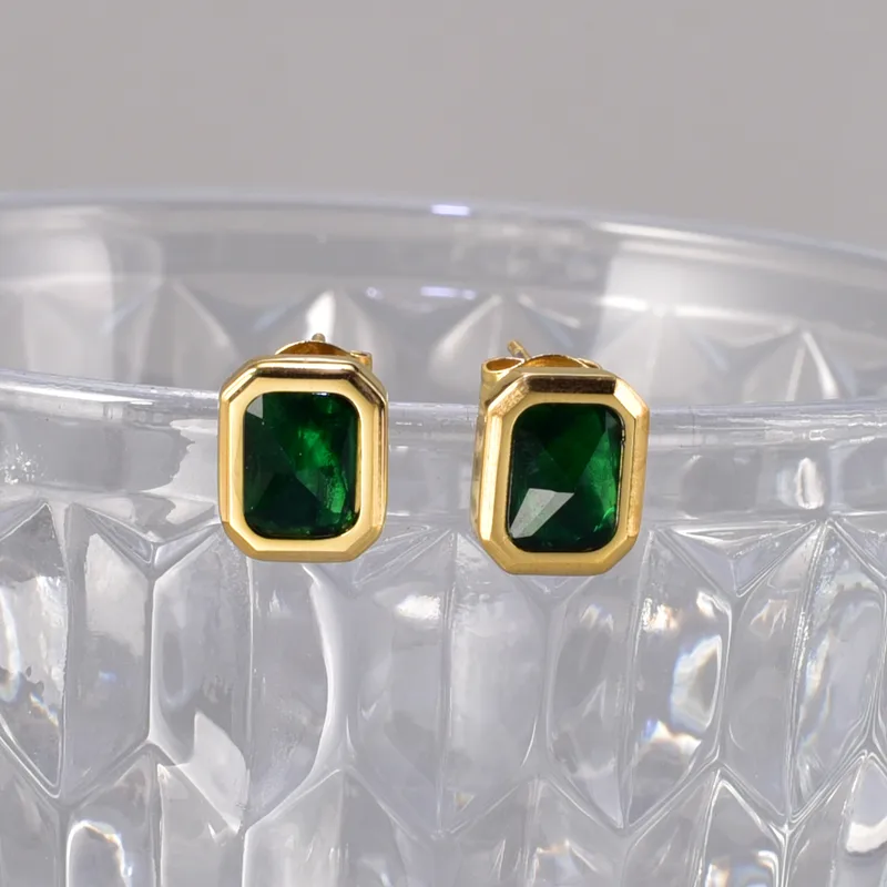 Emerald Green Stud Earrings, Gold Plated, Hypoallergenic, Stainless Steel