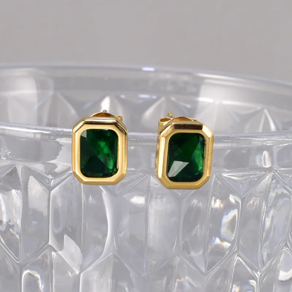 Emerald Green Stud Earrings, Gold Plated, Hypoallergenic, Stainless Steel