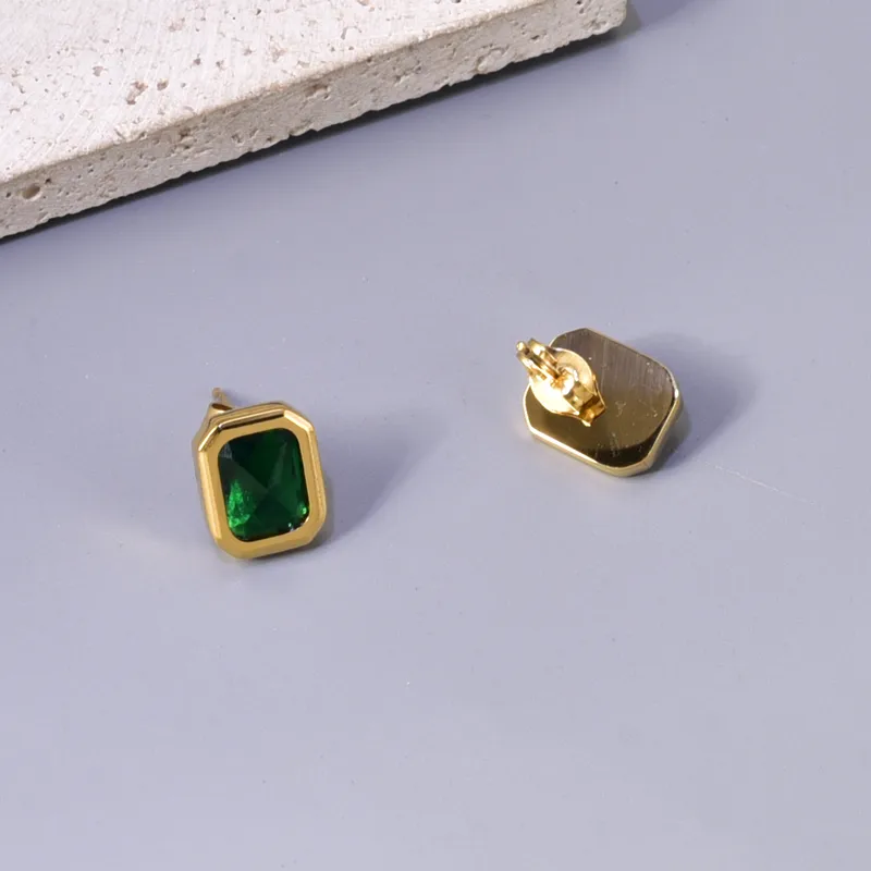 Emerald Green Stud Earrings, Gold Plated, Hypoallergenic, Stainless Steel