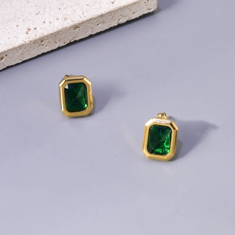 Emerald Green Stud Earrings, Gold Plated, Hypoallergenic, Stainless Steel