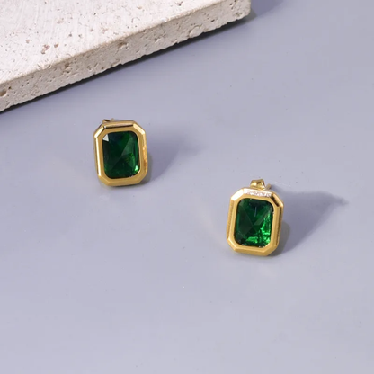 Emerald Green Stud Earrings, Gold Plated, Hypoallergenic, Stainless Steel