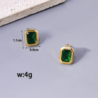 Emerald Green Stud Earrings, Gold Plated, Hypoallergenic, Stainless Steel