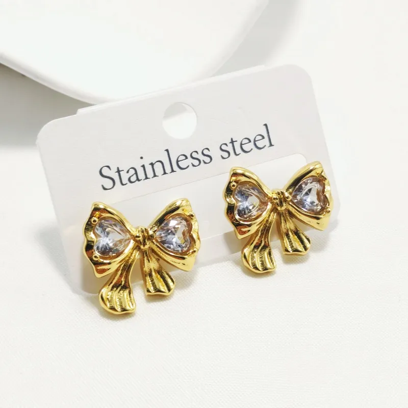 Bow Stud Earrings with Cubic Zirconia, 18K Gold Plated, Tarnish Free