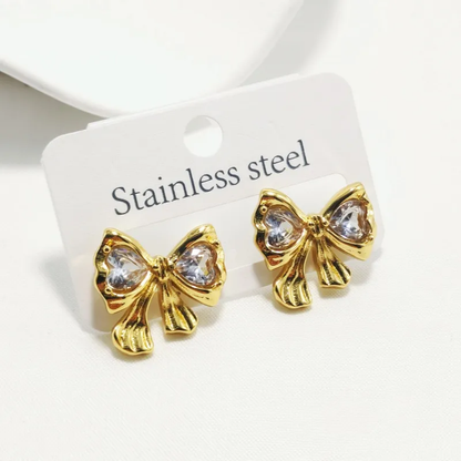 Bow Stud Earrings with Cubic Zirconia, 18K Gold Plated, Tarnish Free