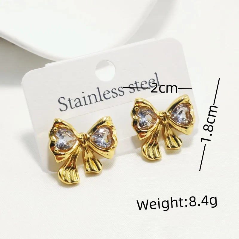 Bow Stud Earrings with Cubic Zirconia, 18K Gold Plated, Tarnish Free