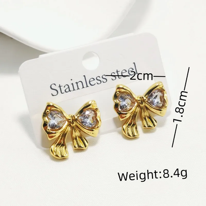 Bow Stud Earrings with Cubic Zirconia, 18K Gold Plated, Tarnish Free