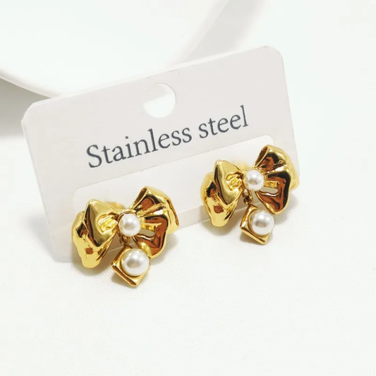 Pearl Bow Studs, Gold Plated, Stainless Steel, Waterproof