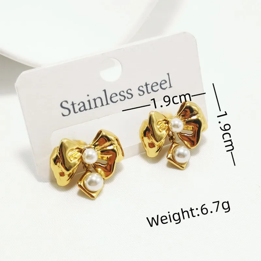 Pearl Bow Studs, Gold Plated, Stainless Steel, Waterproof