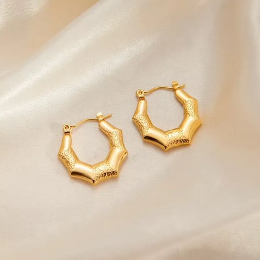 Boho Bamboo Hoop Earrings, Stainless Steel, Waterproof, Hypoallergenic