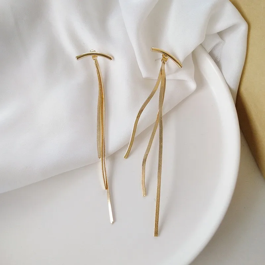 Long Gold Tassle Earrings with Curved Bar, Snake Chain Earrings