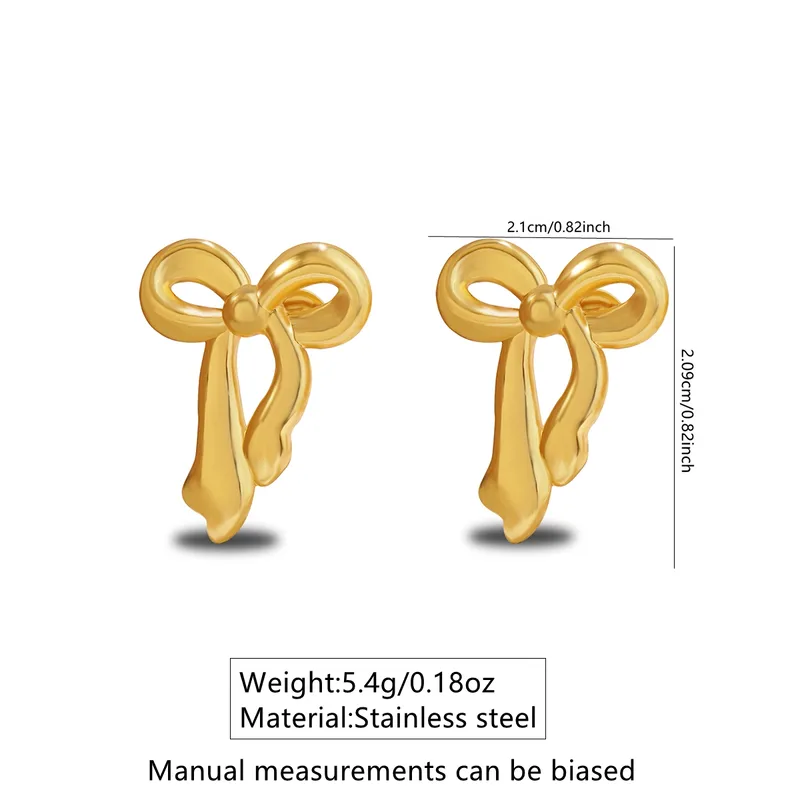 18K Gold Plated Bow Stud Earrings, Stainless Steel, Waterproof, Hypoallergenic