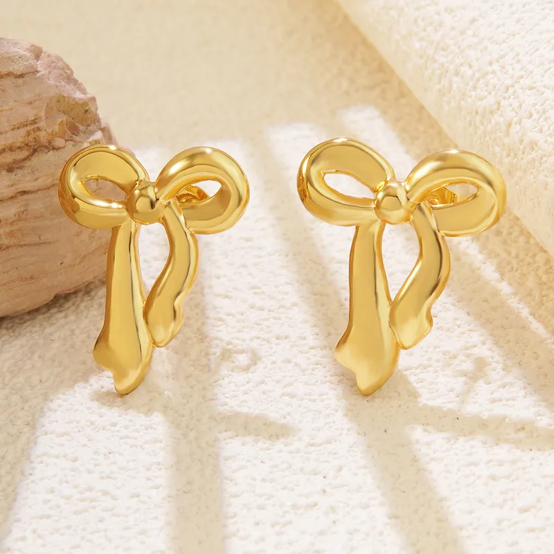 18K Gold Plated Bow Stud Earrings, Stainless Steel, Waterproof, Hypoallergenic