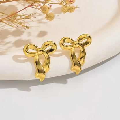 18K Gold Plated Bow Stud Earrings, Stainless Steel, Waterproof, Hypoallergenic