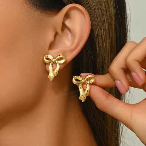 18K Gold Plated Bow Stud Earrings, Stainless Steel, Waterproof, Hypoallergenic