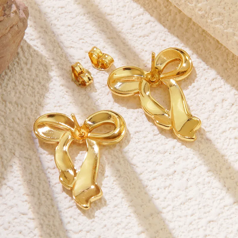 18K Gold Plated Bow Stud Earrings, Stainless Steel, Waterproof, Hypoallergenic