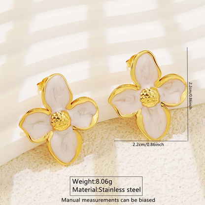 White and Gold Flower Enamel Earrings, 18K Gold Plated, Tarnish Free