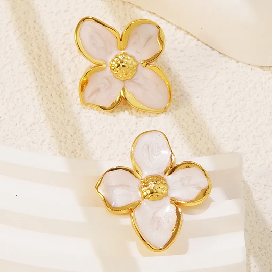 White and Gold Flower Enamel Earrings, 18K Gold Plated, Tarnish Free