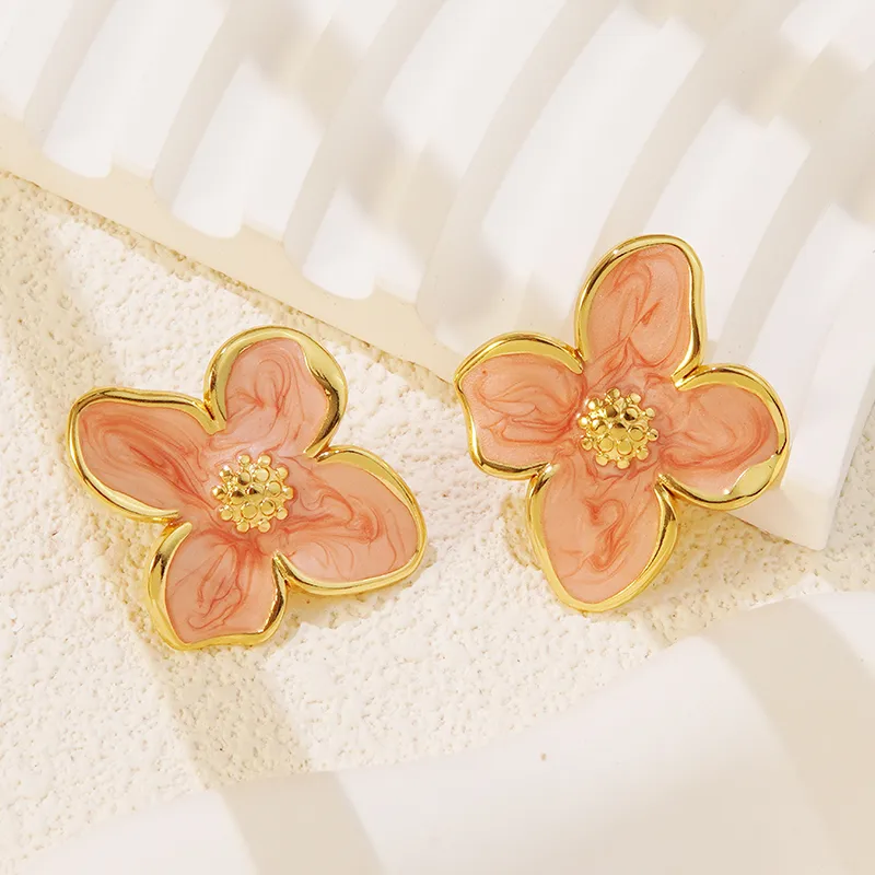 Pink and Gold Flower Enamel Stud Earrings, Stainless Steel, Waterproof