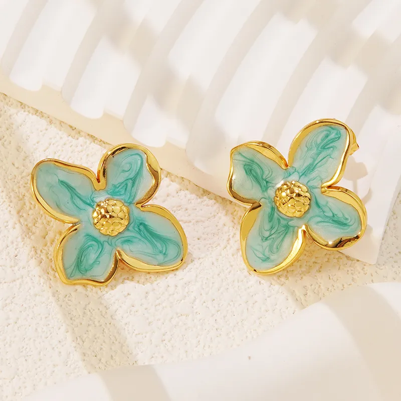 Turquoise and Gold Flower Enamel Earrings, Stainless Steel, Waterproof