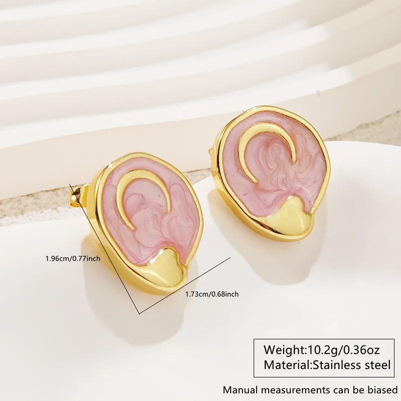 Pink and Gold Enamel Moon Stud Earrings, Tarnish Free, Hypoallergenic