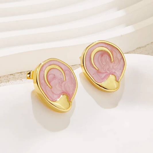 Pink and Gold Enamel Moon Stud Earrings, Tarnish Free, Hypoallergenic