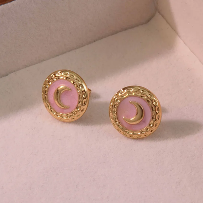 Gold and Pink Crescent Moon Round Stud Enamel Earrings, Stainless Steel