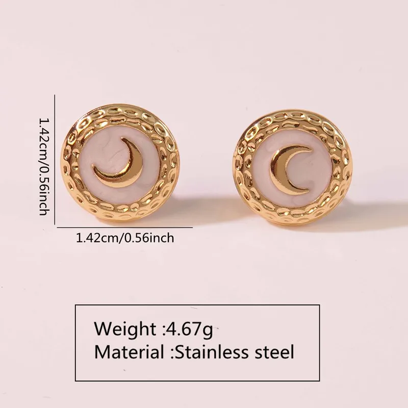 White and Gold Crescent Moon Round Stud Enamel Earrings, Stainless Steel
