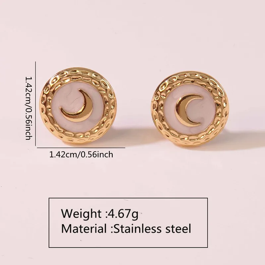 White and Gold Crescent Moon Round Stud Enamel Earrings, Stainless Steel
