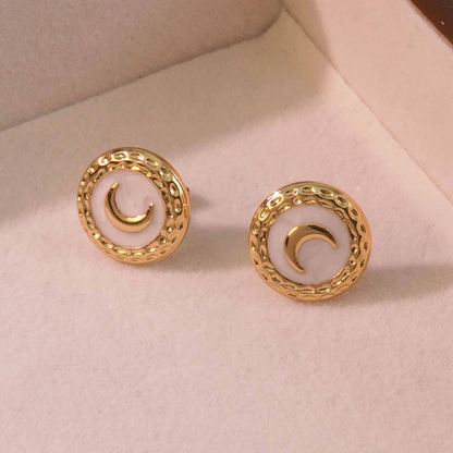 White and Gold Crescent Moon Round Stud Enamel Earrings, Stainless Steel