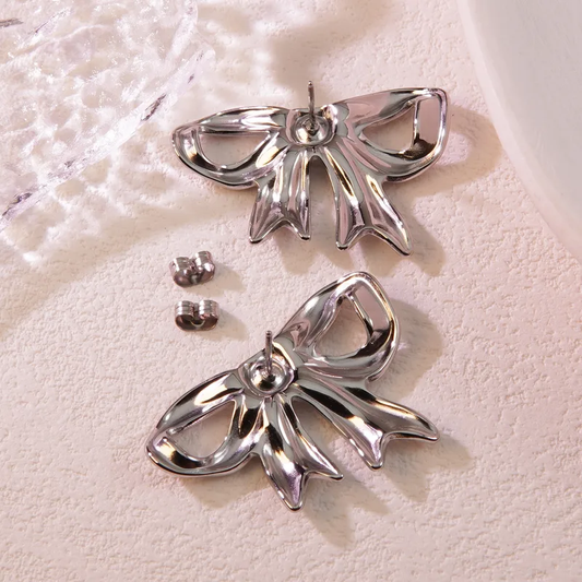 Statement Silver Bow Earrings, Stainless Steel, Waterproof, Hypoallergenic