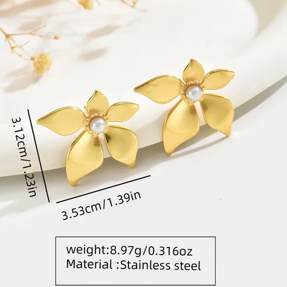 Flower Pearl Stud Earrings, 18K Gold Plated, Stainless Steel