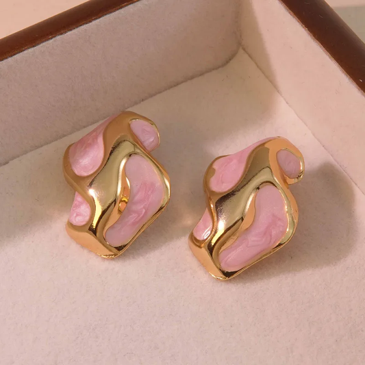 Pink Enamel Abstract Stud Earrings, 18K Gold Plated Stainless Steel