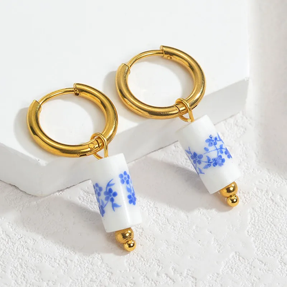 Blue and White Floral Ceramic Huggie Hoop Earrings, 18K Gold Plated, Stainless Steel
