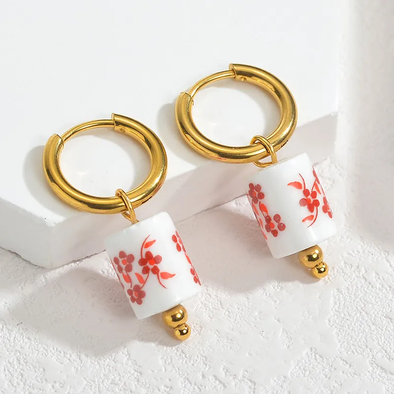 Cherry Blossom Flower Ceramic Huggie Hoop Earrings, Stainless Steel