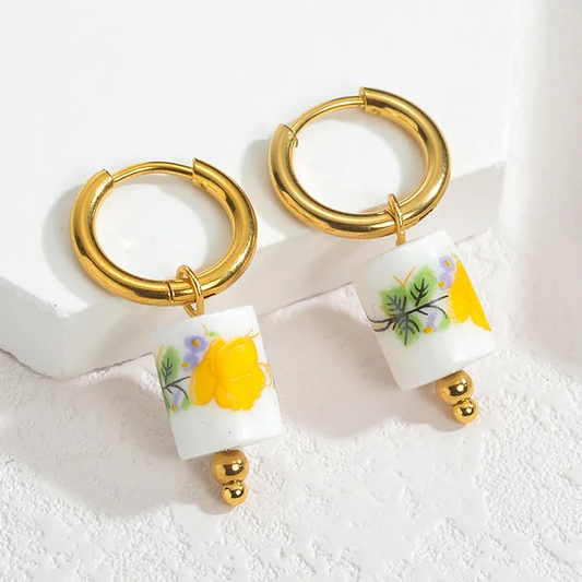 Floral Ceramic Huggie Hoop Earrings, 18K Gold Plated, Stainless Steel