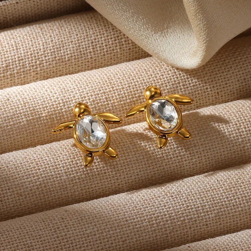 Turtle Zircon Stud Earrings, 18K Gold Plated, Stainless Steel, Waterproof
