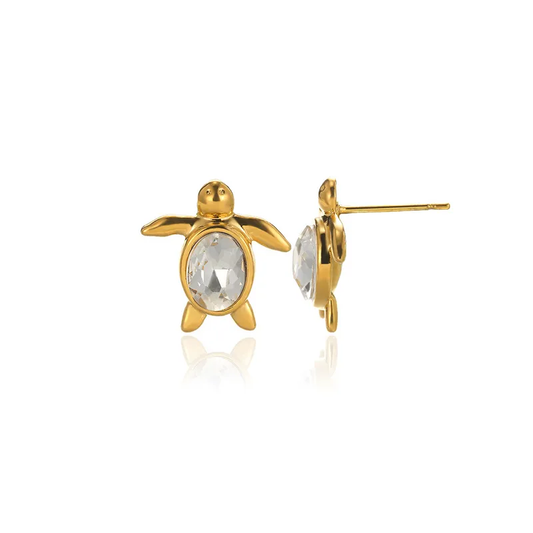 Turtle Zircon Stud Earrings, 18K Gold Plated, Stainless Steel, Waterproof