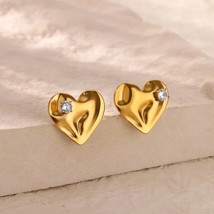 Abstract Heart CZ Stud Earrings, 18K Gold Plated, Stainless Steel